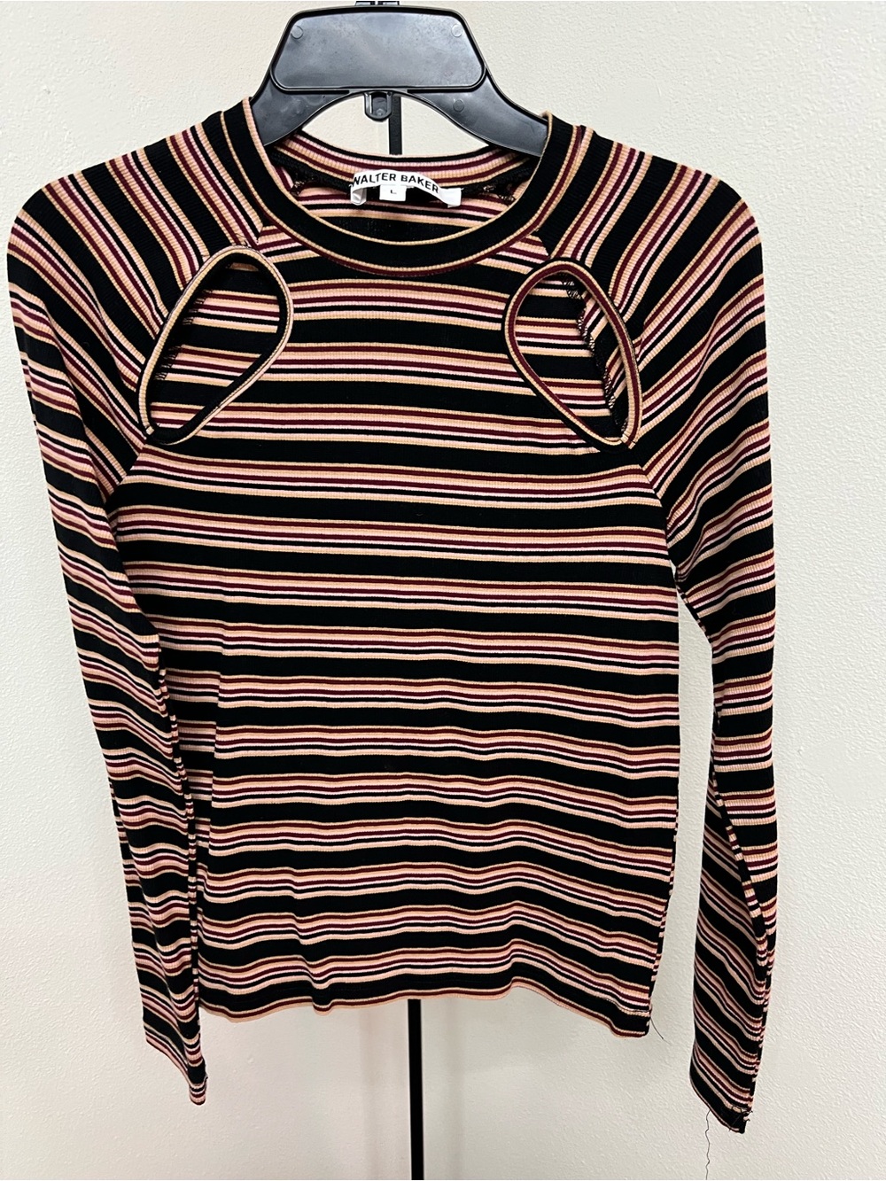 Walter Baker Black and Pink Striped Long-Sleeve Cutout Top